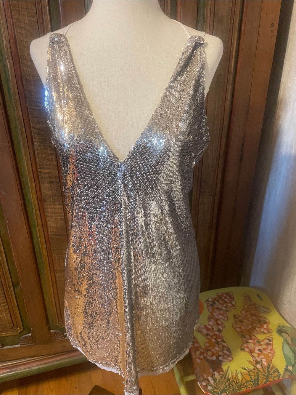 Free People Silver Sequin V-Neck Tank Top
